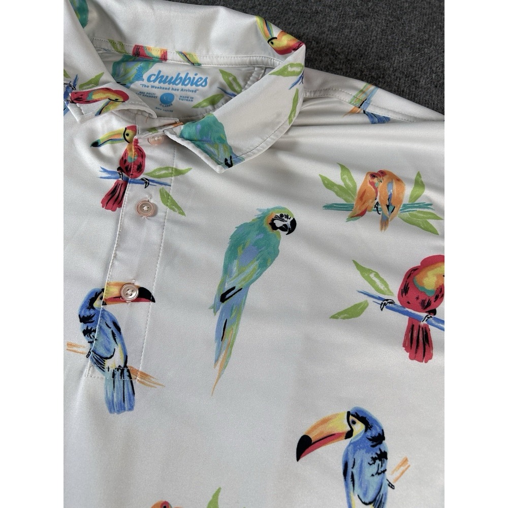 Chubbies Polo Shirt Mens Extra Large XL All Over Print Parrots Hawaiian Golf
